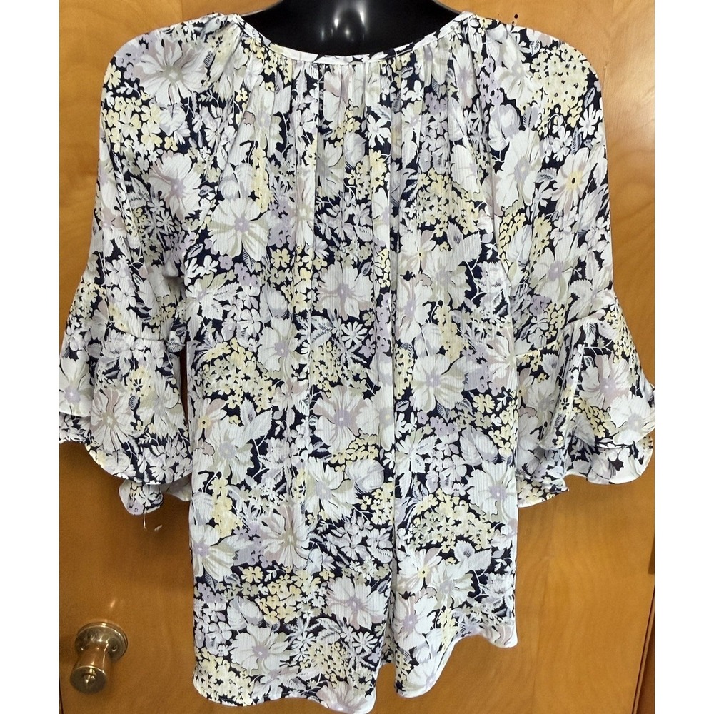 Chaps Womens Tunic Floral Top Keyhole Multi-Color Bell Sleeve Peasant Flowy L - Picture 2 of 14